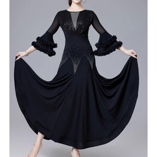 Women girls black red sequins ballroom dance dresses for female flare sleeves waltz tango foxtrot smooth dance long gown for female